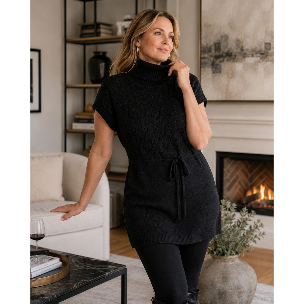 Michael Kors Womens M Black Angora Blend Cable Knit Turtleneck Sweater Tunic